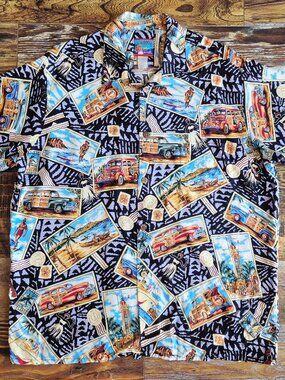 Vintage Joe Kealoha's Hula Postcard Car Islands Hawaiian Shirt Men's Bust 52" XL